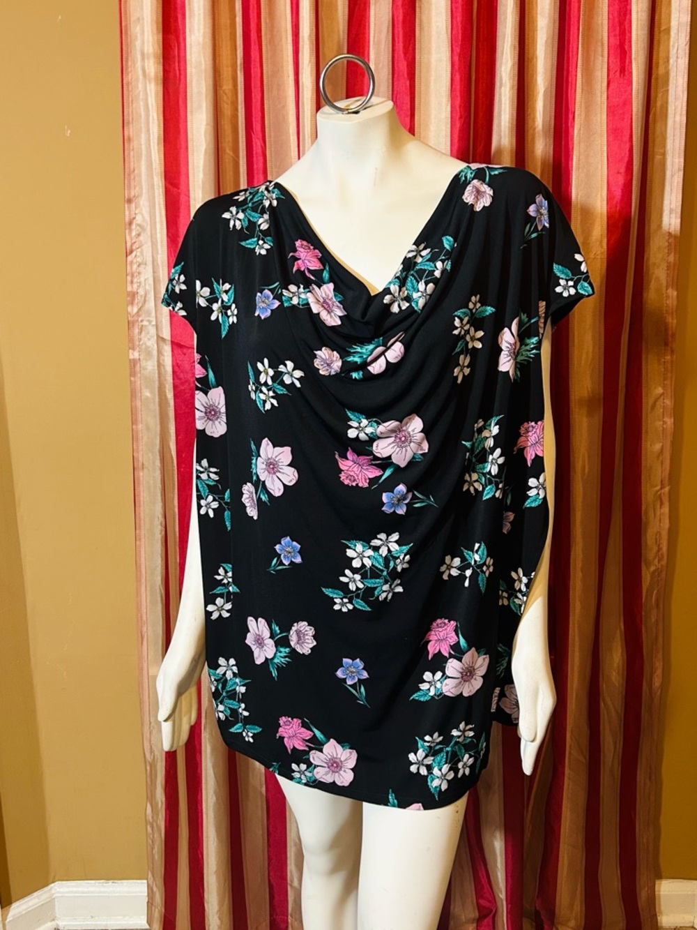 Lane Bryant Black Floral Cowl Neck Top with Pink & Lavender Blooms
